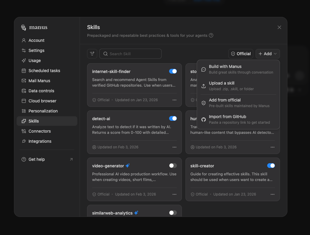Manus Skills Settings